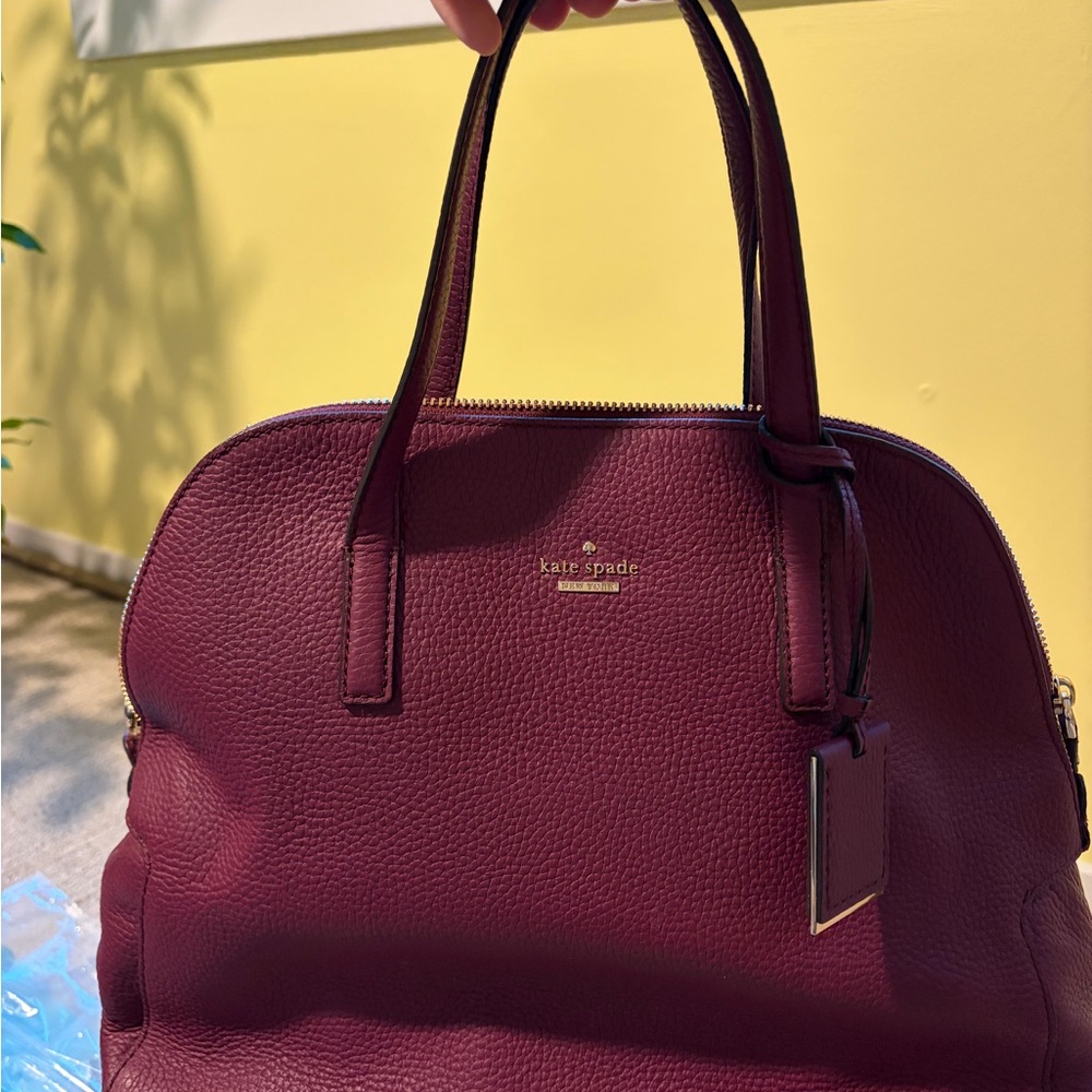 kate spade Burgundy Pebbled Leather Satchel with Luggage Tag